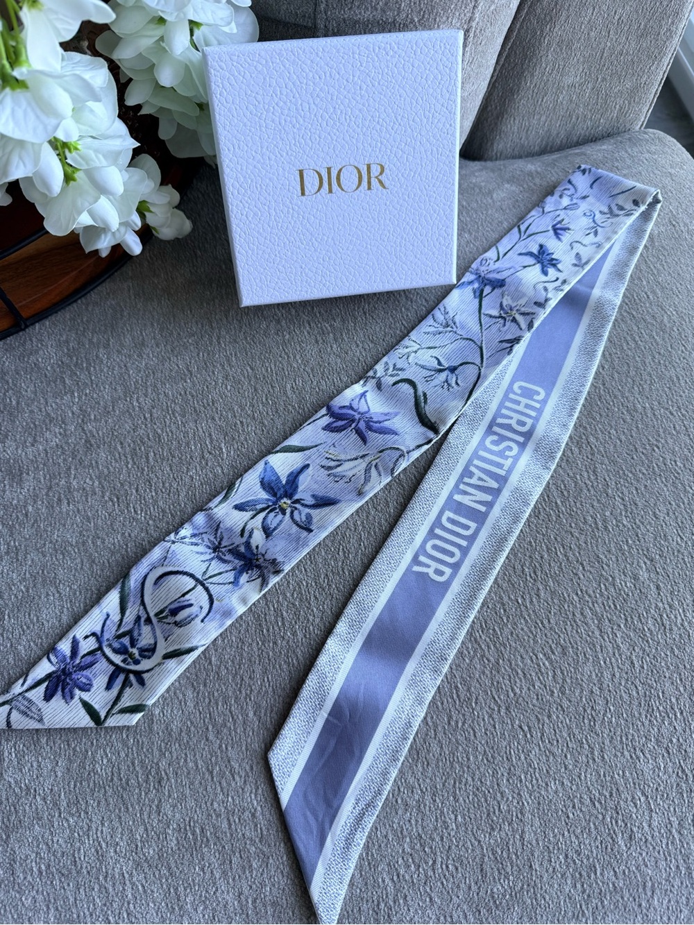 Dior Floral Silk Twilly Scarf With Box and COA